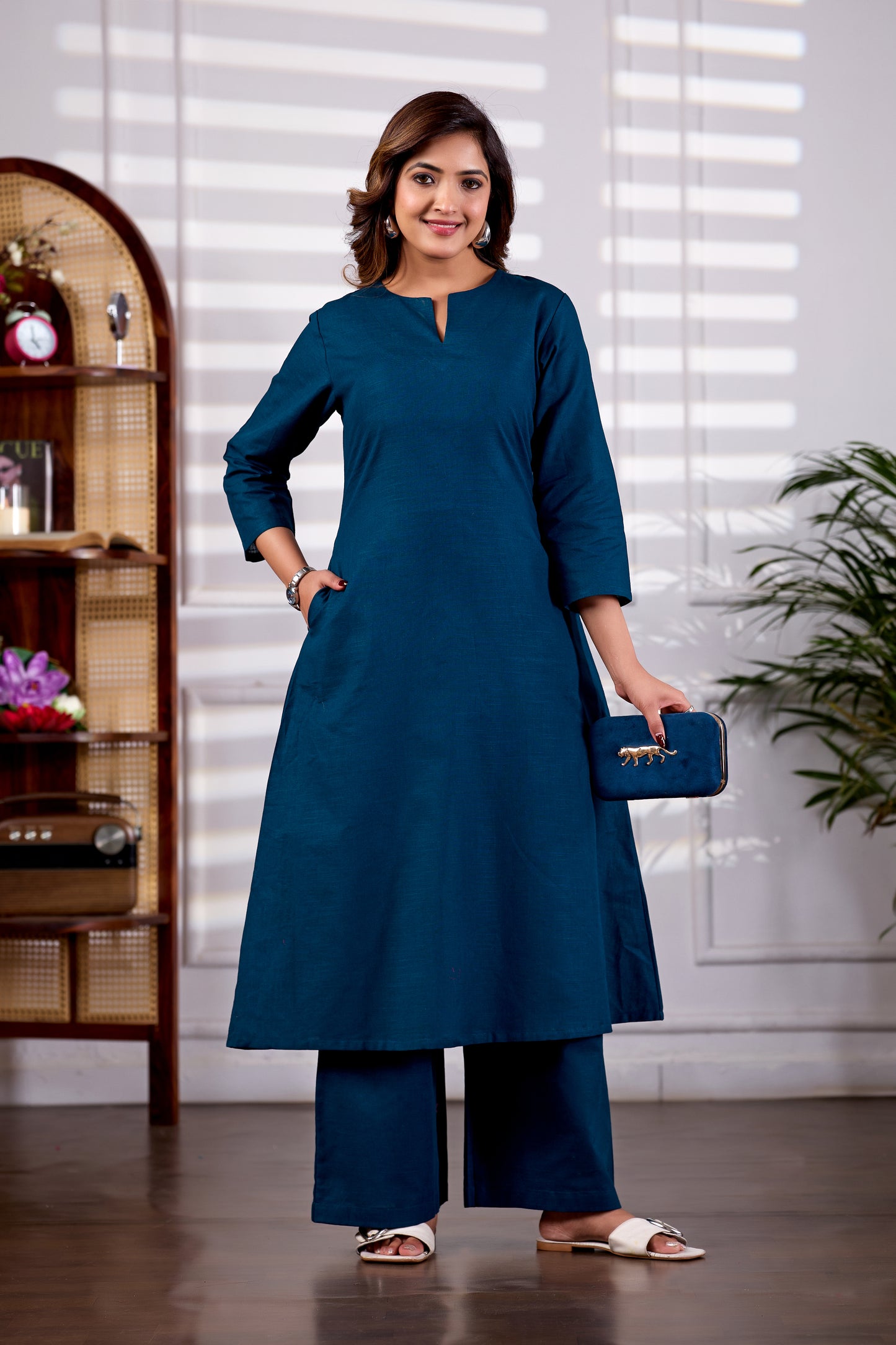 Teal V Neck Linen Kurta with Palazzo