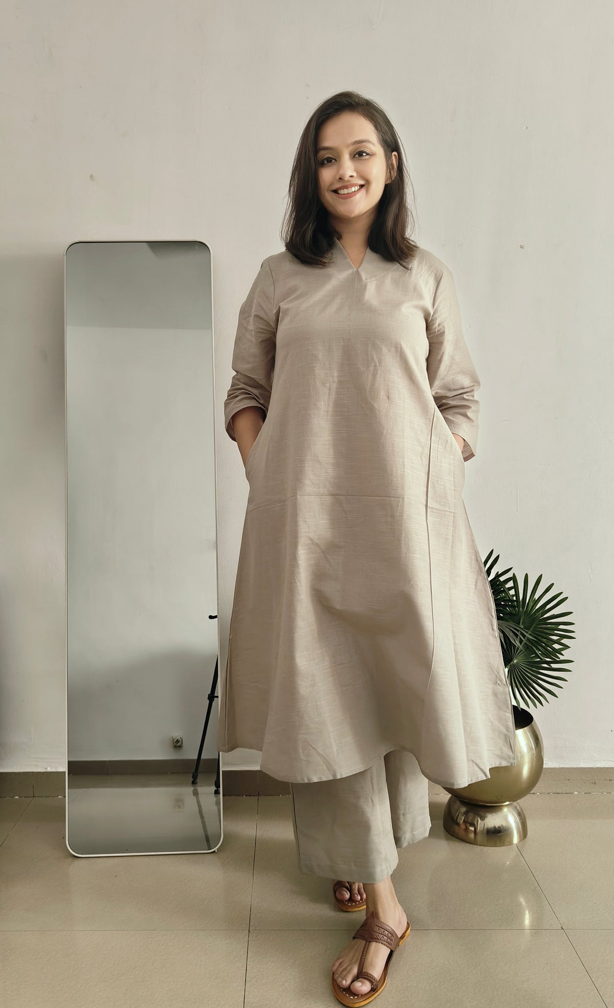 Grey V Neck Linen Kurta Set