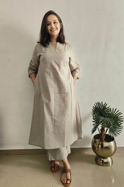 Grey V Neck Linen Kurta Set