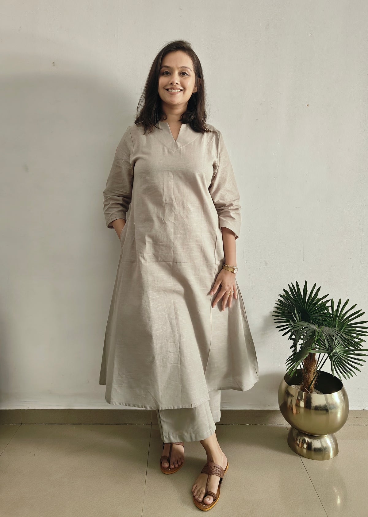 Grey V Neck Linen Kurta Set