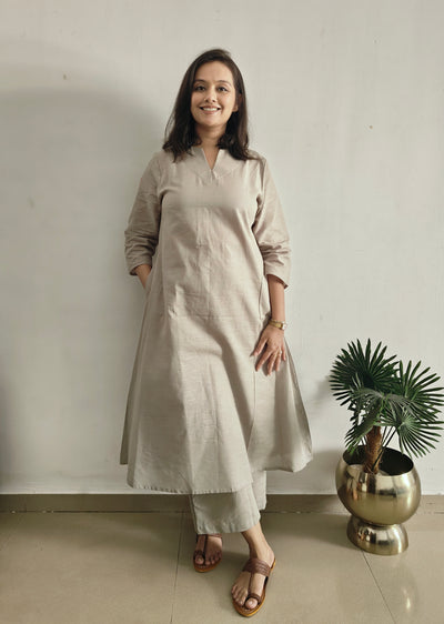 Grey V Neck Linen Kurta Set