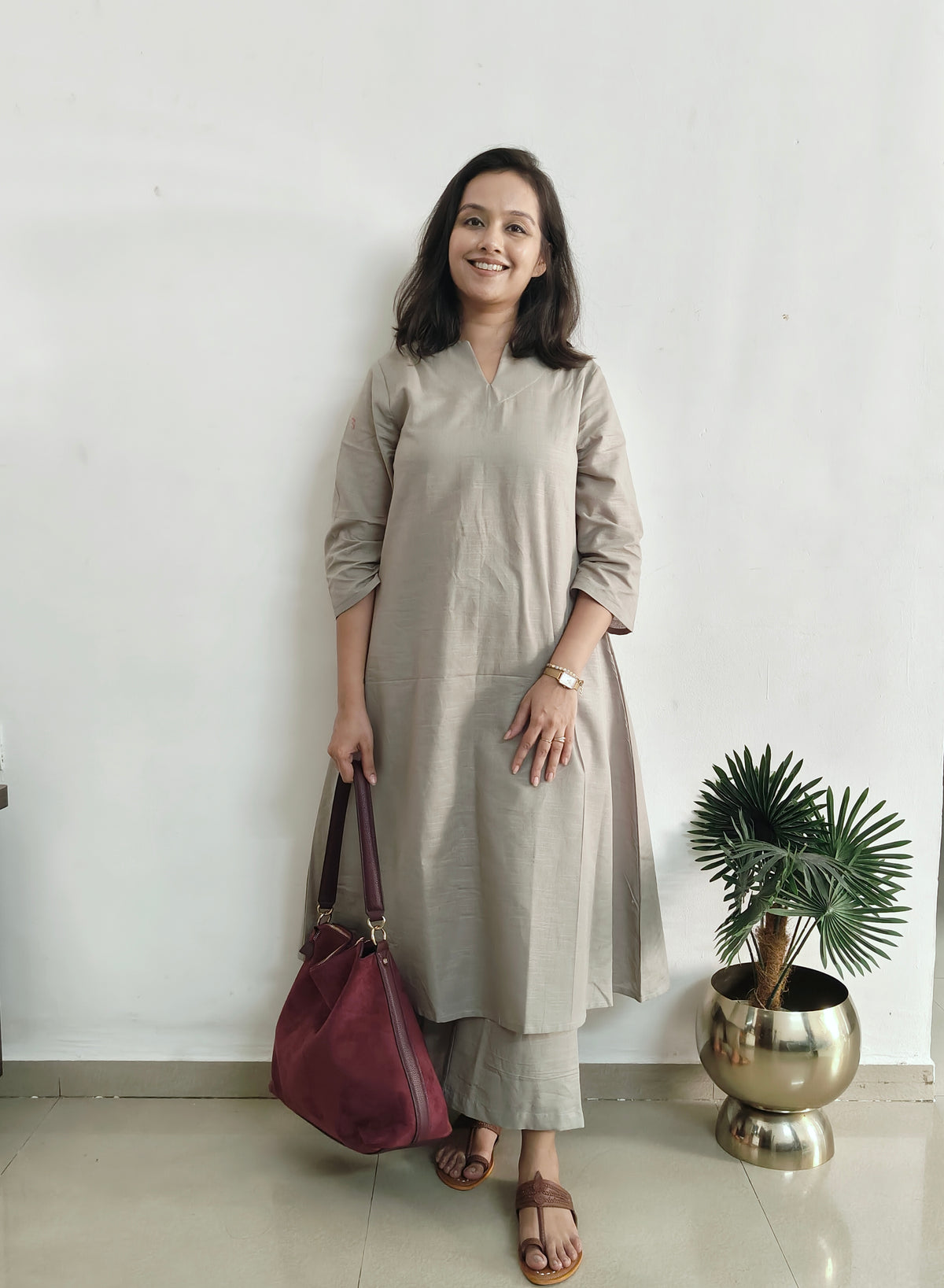 Grey V Neck Linen Kurta Set