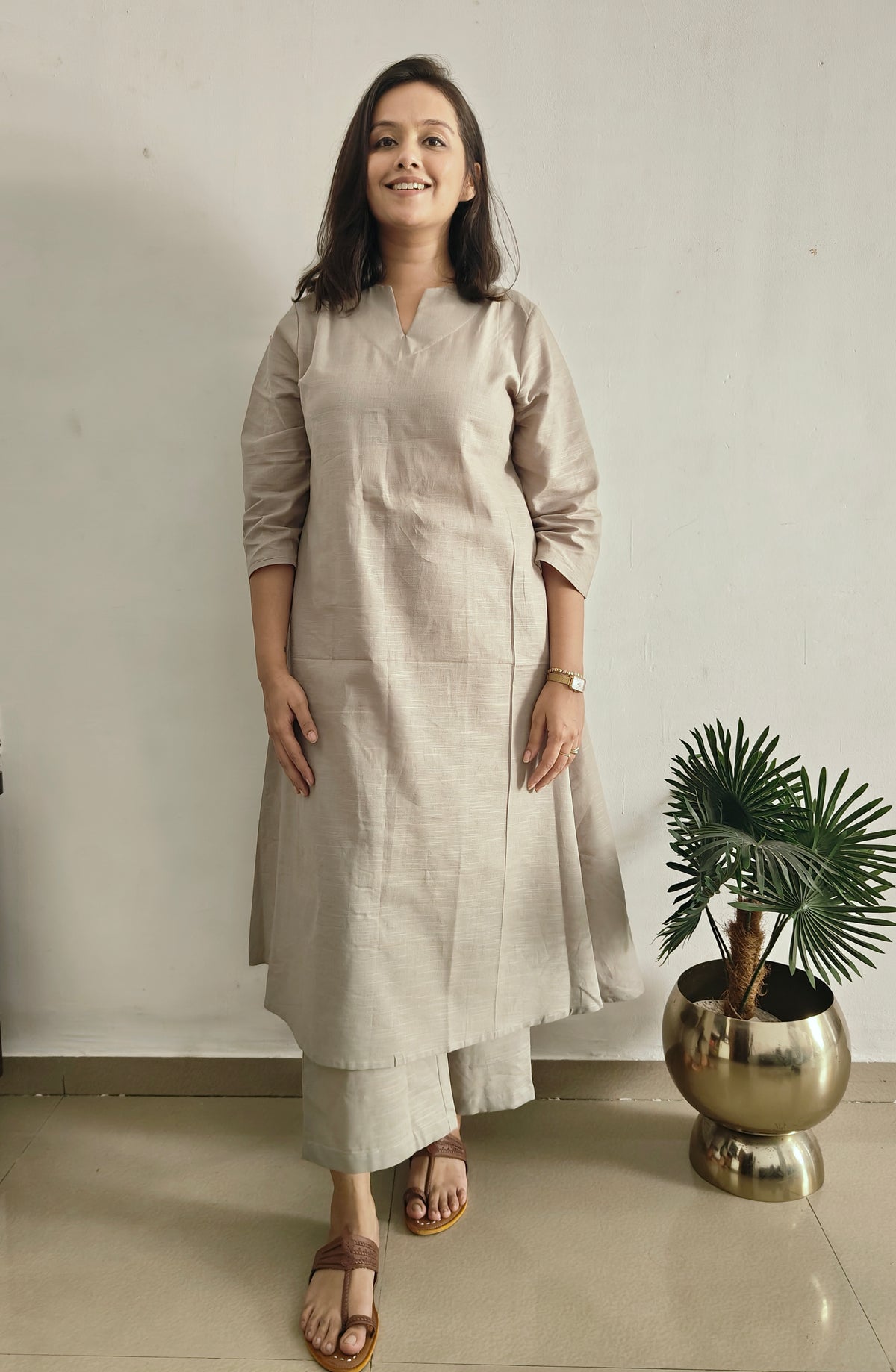 Grey V Neck Linen Kurta Set