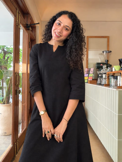 Black V Neck Cotton Kurta Set