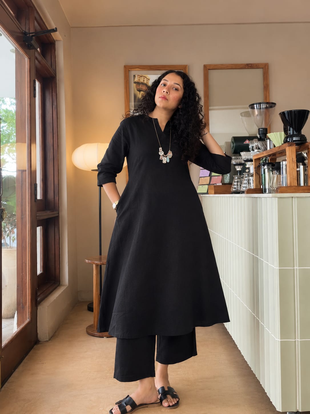 Black V Neck Cotton Kurta Set