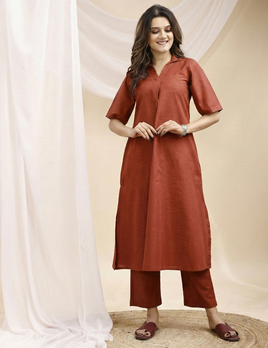 Brown Collared A line Linen Kurta Set