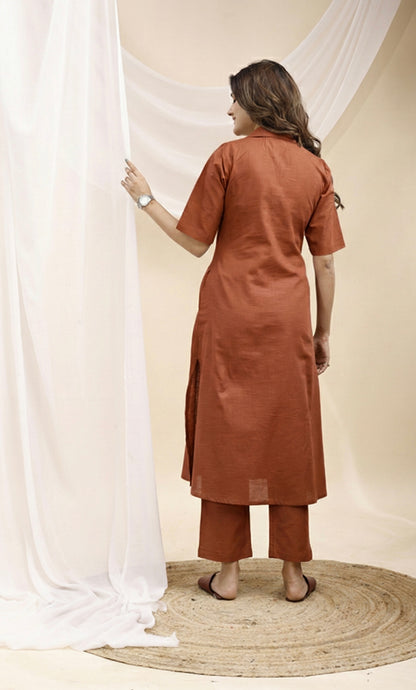 Brown Collared A line Linen Kurta Set