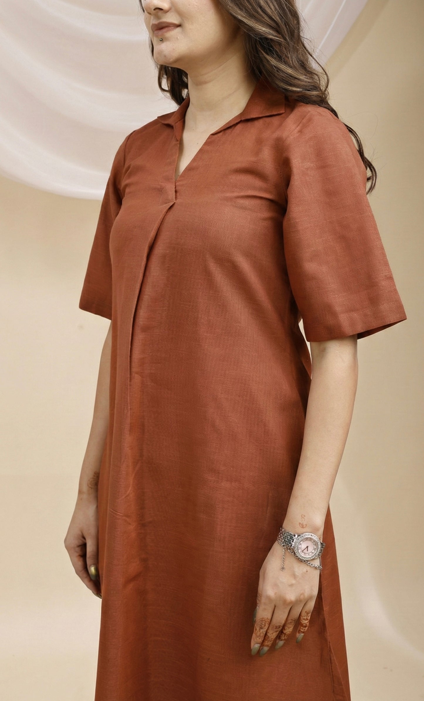 Brown Collared A line Linen Kurta Set
