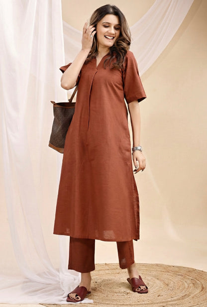 Brown Collared A line Linen Kurta Set