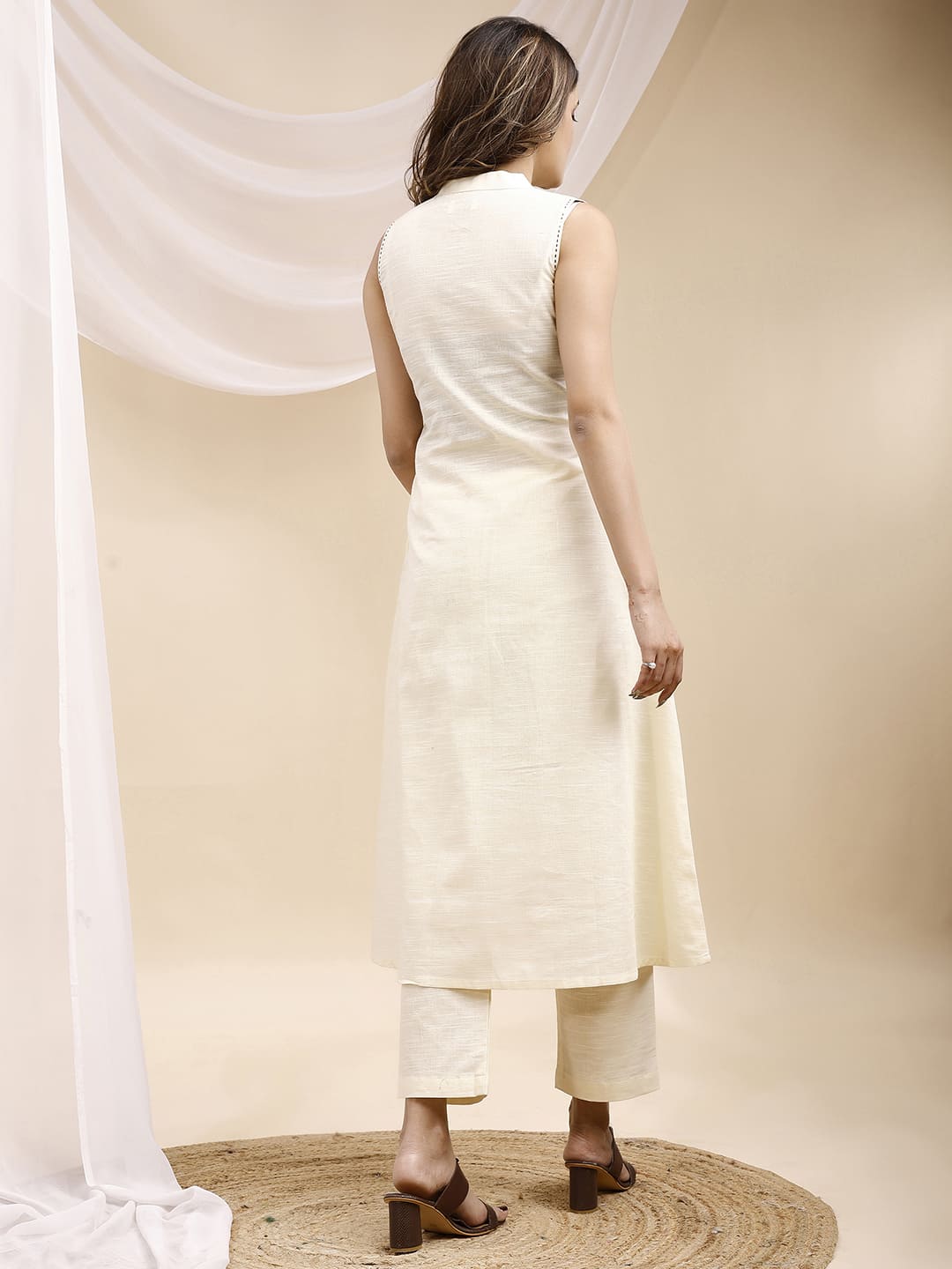 Ivory A line Sleeveless Hand Embroidered Linen Kurta Set