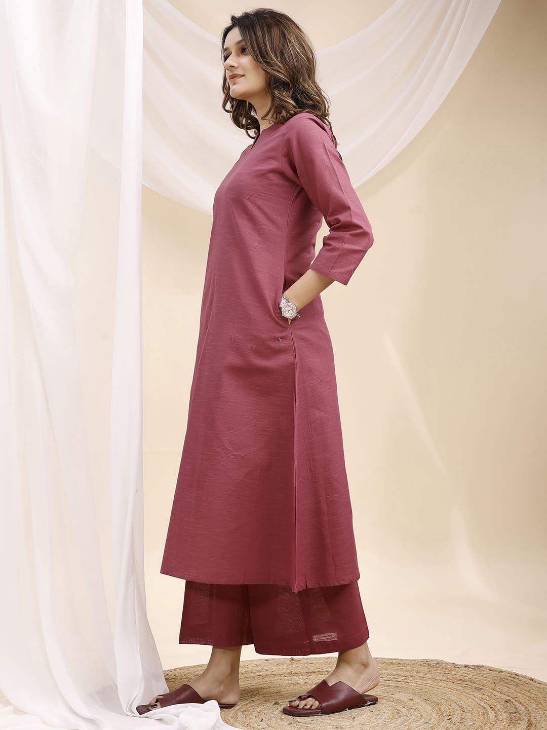 Mauve V Neck Linen Kurta with Palazzo
