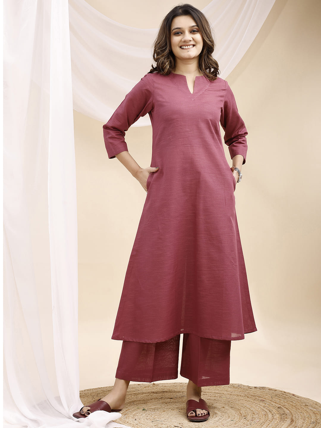 Mauve V Neck Linen Kurta with Palazzo
