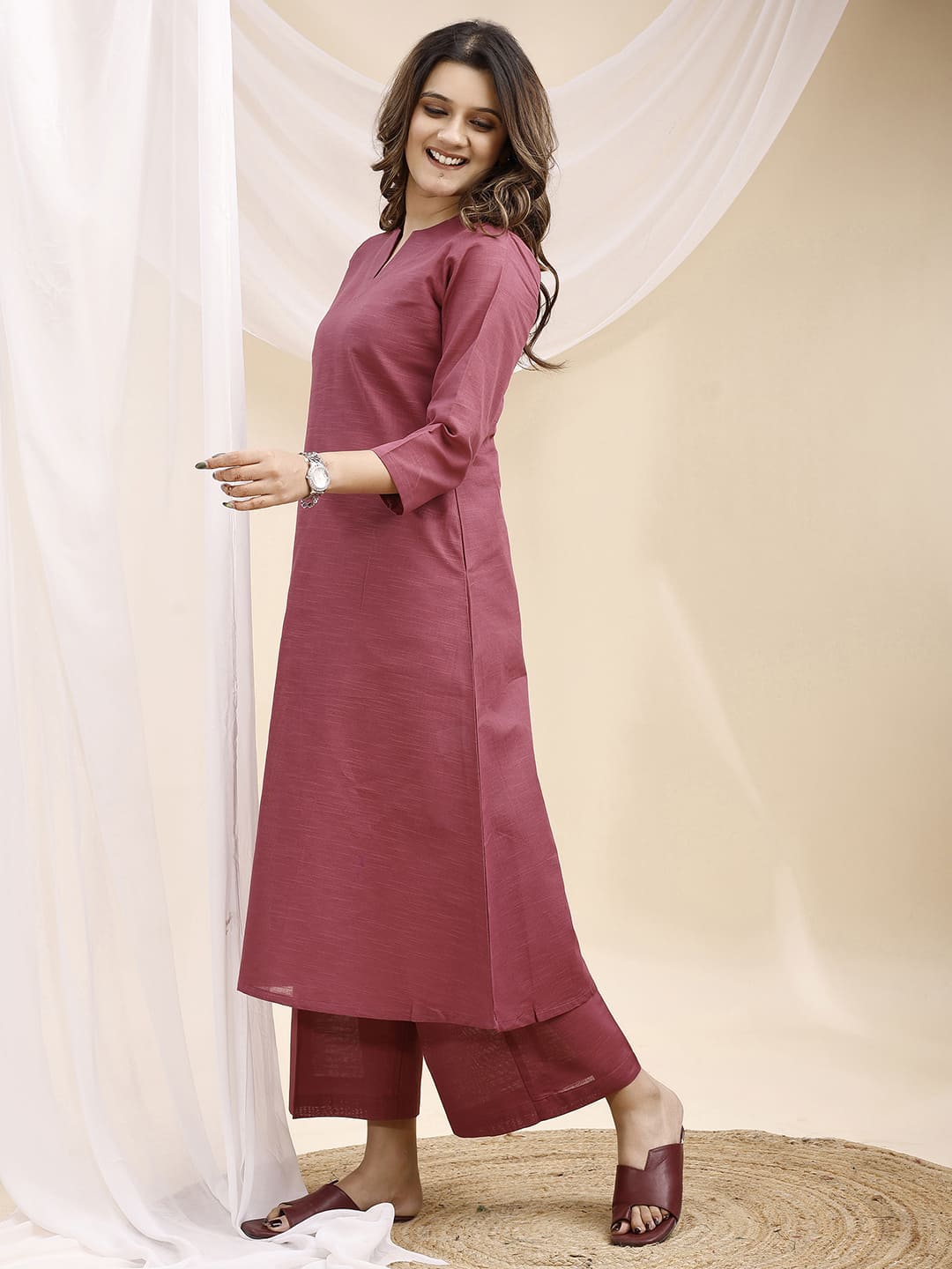 Mauve V Neck Linen Kurta with Palazzo