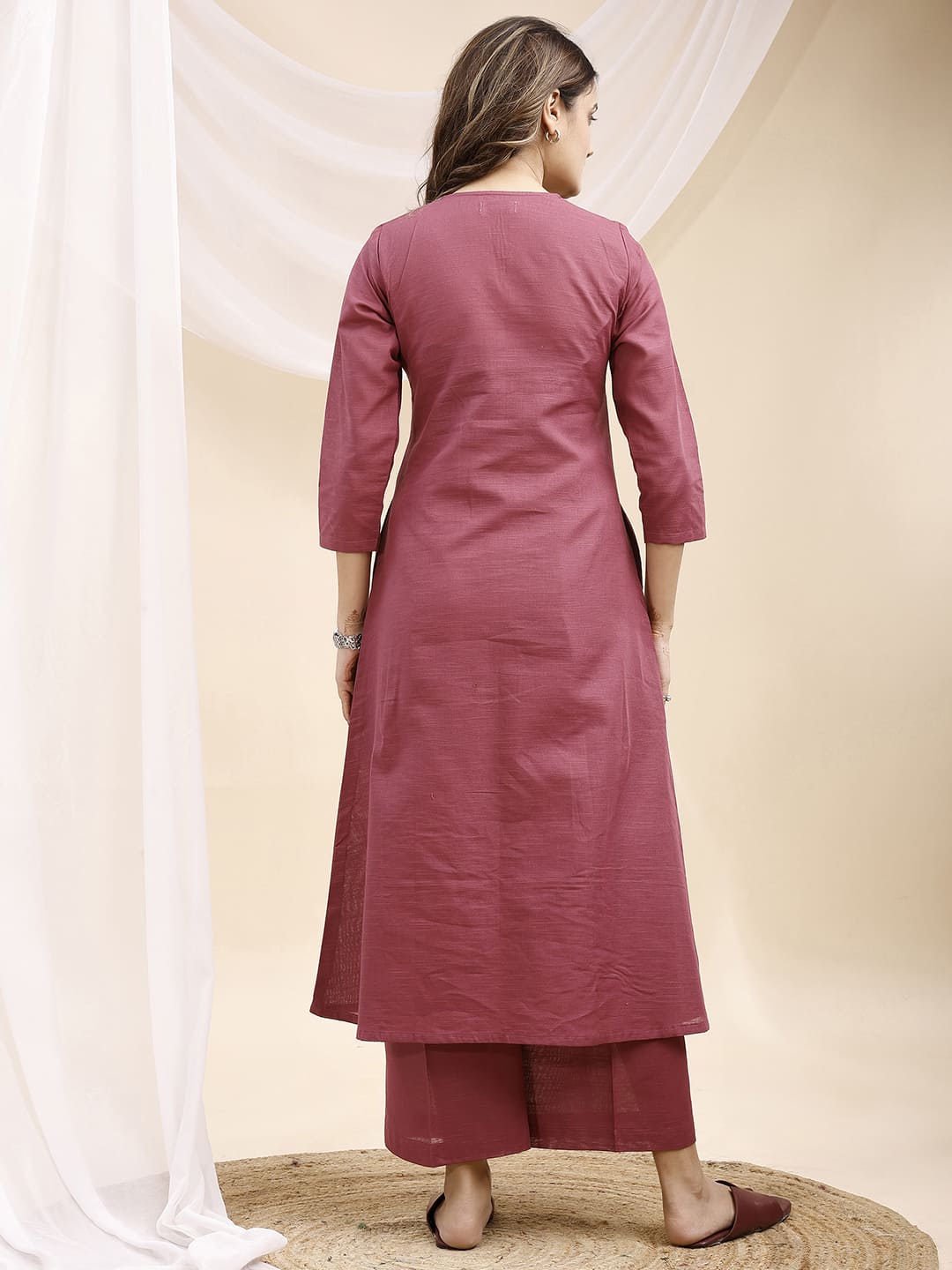 Mauve V Neck Linen Kurta Set