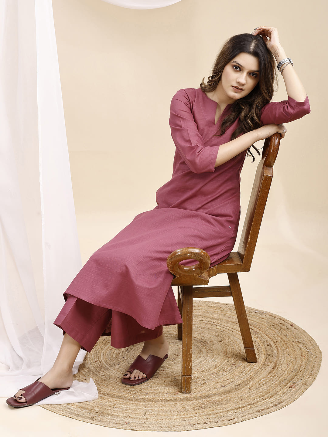 Mauve V Neck Linen Kurta Set