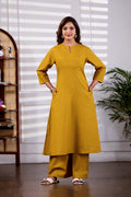 Mustard V-Neck Linen Kurta Set