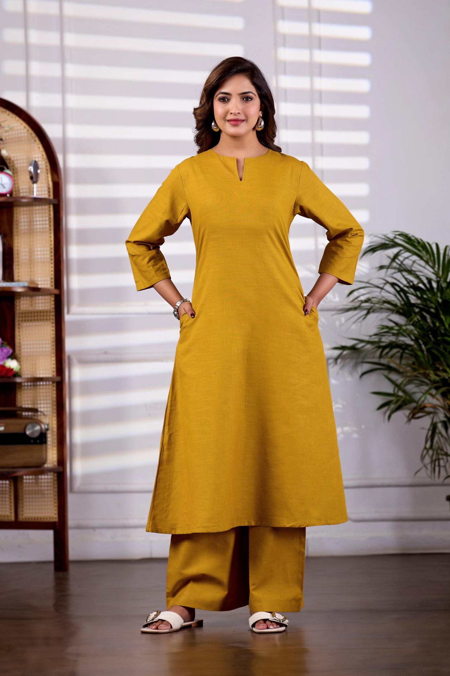 Mustard V-Neck Linen Kurta with Palazzo