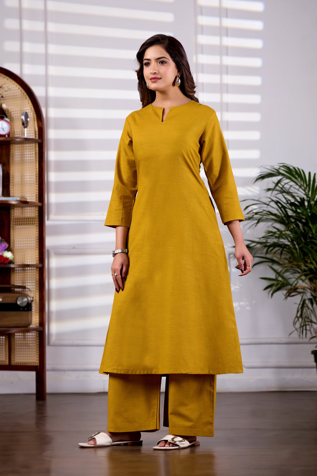 Mustard V-Neck Linen Kurta Set
