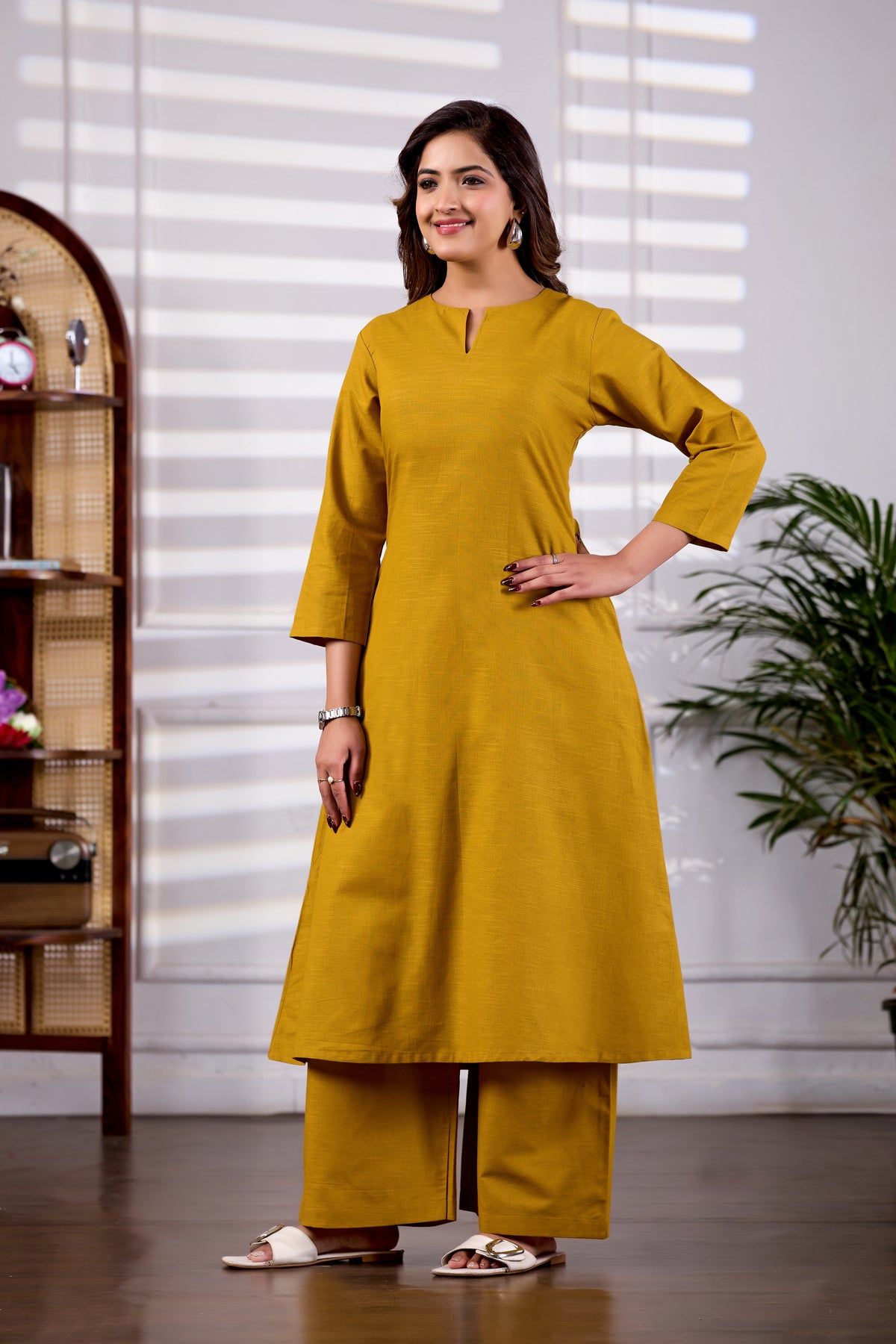 Mustard V-Neck Linen Kurta Set