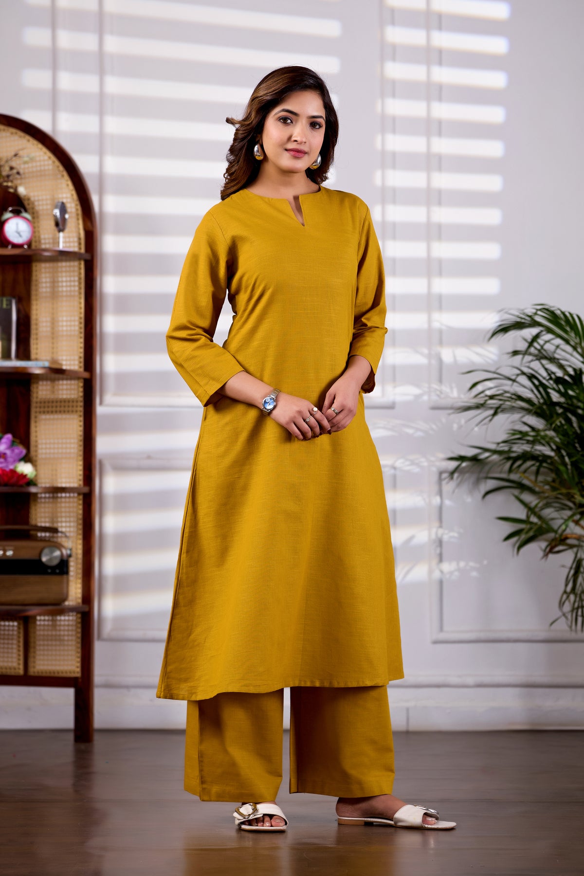 Mustard V-Neck Linen Kurta Set