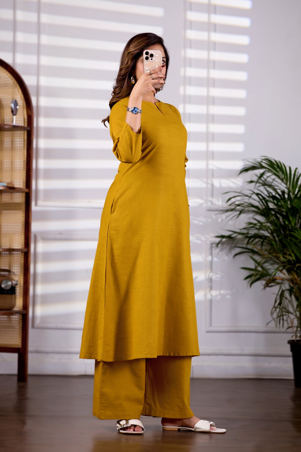 Mustard V-Neck Linen Kurta Set