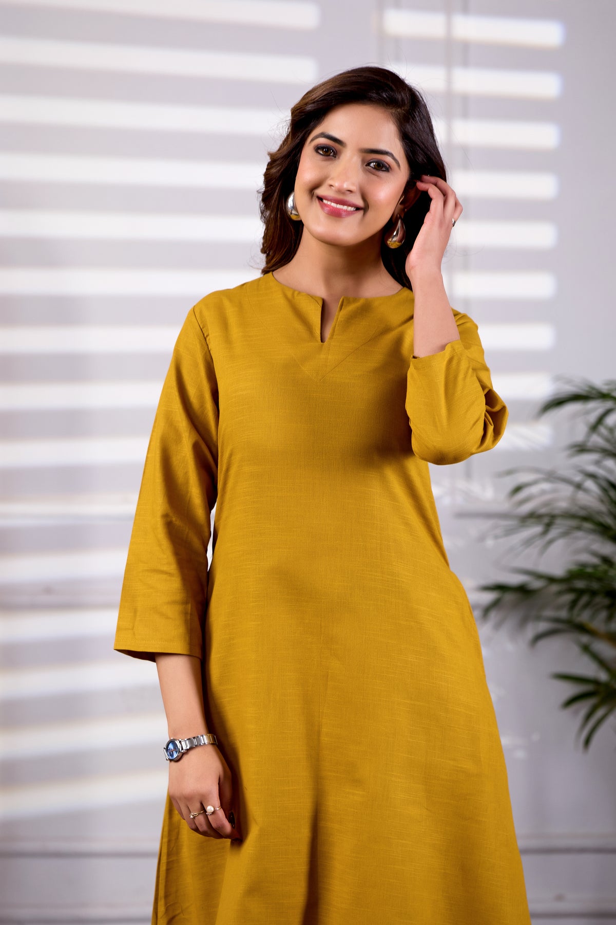 Mustard V-Neck Linen Kurta Set