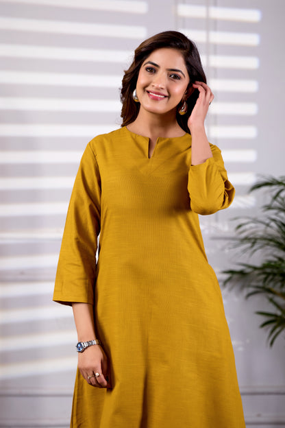 Mustard V-Neck Linen Kurta with Palazzo