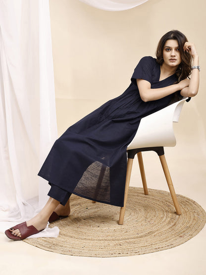Navy Blue Pleated A Line Linen Kurta Set