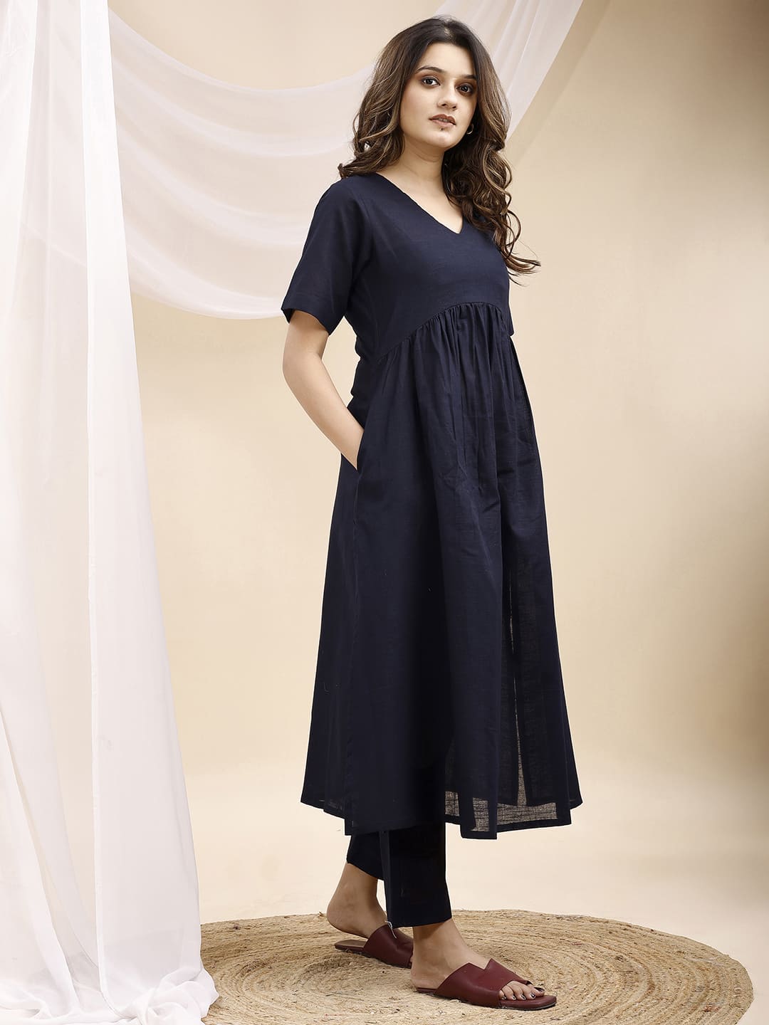 Navy Blue Pleated A Line Linen Kurta Set