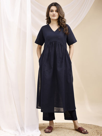 Navy Blue Pleated A Line Linen Kurta Set