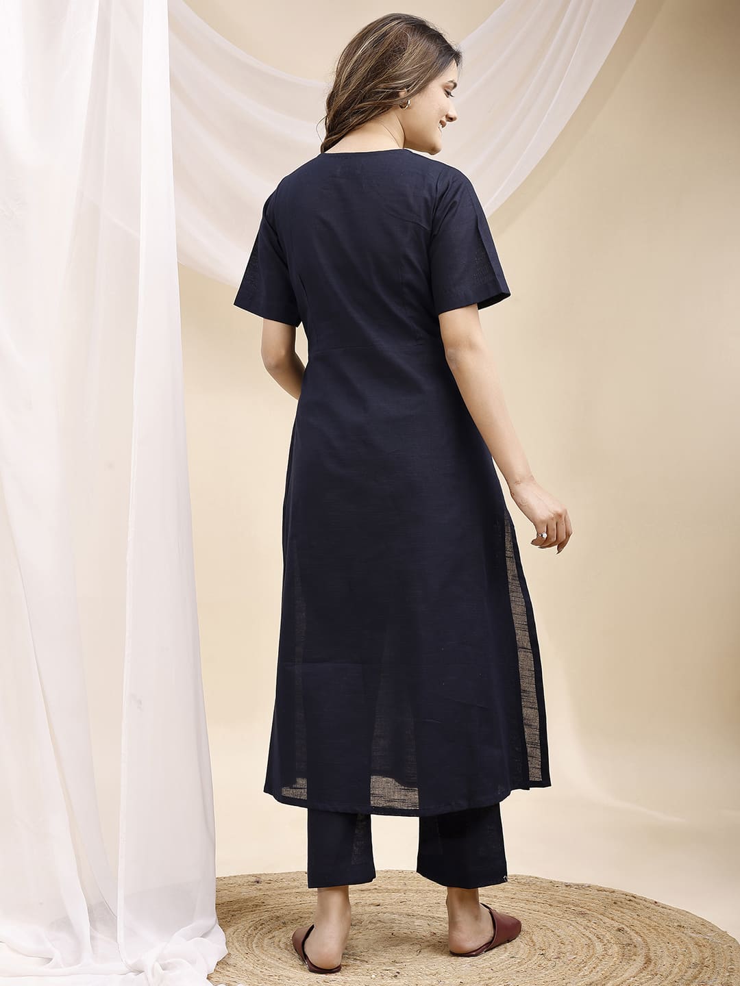 Navy Blue Pleated A Line Linen Kurta Set