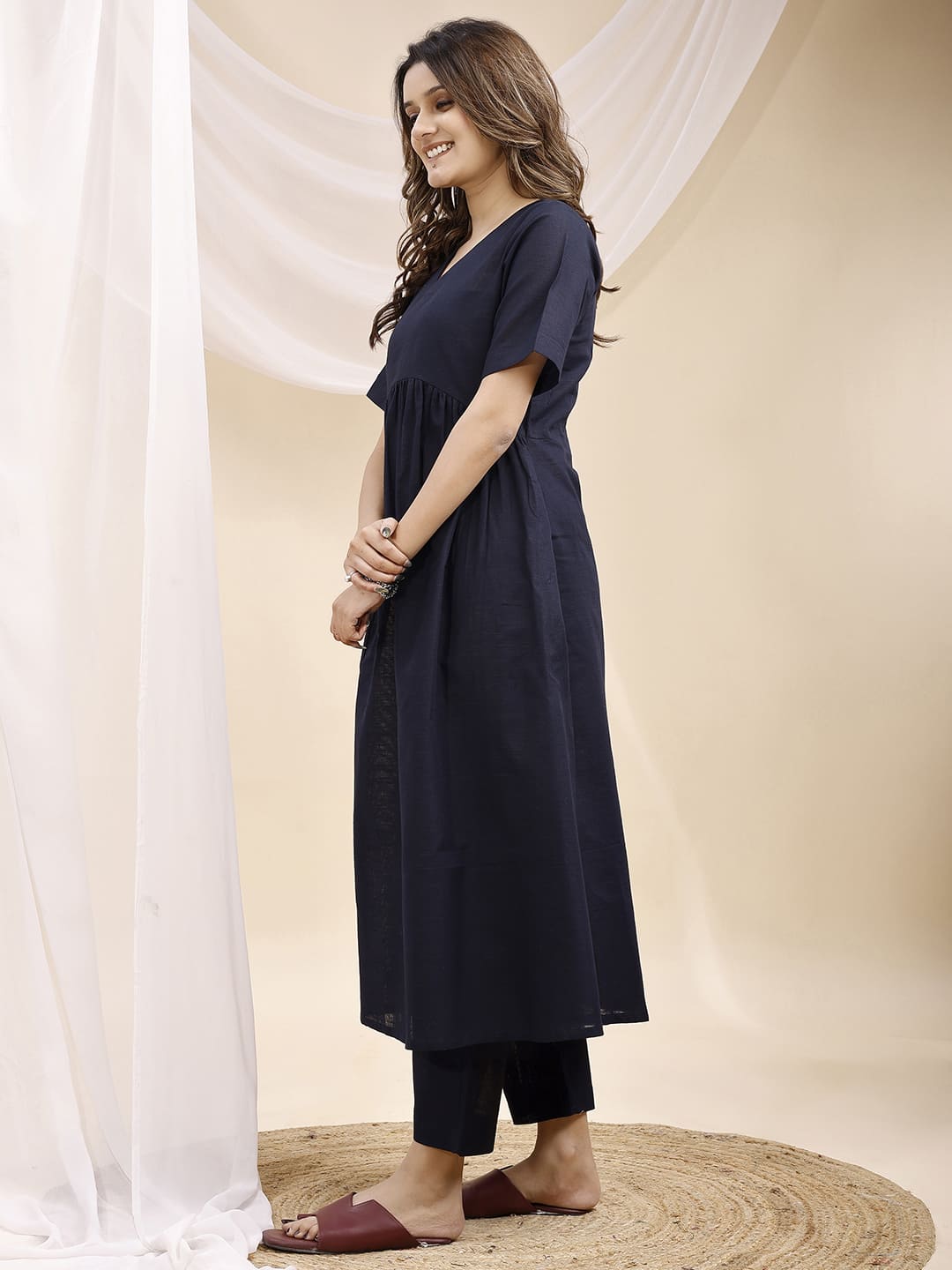 Navy Blue Pleated A Line Linen Kurta Set