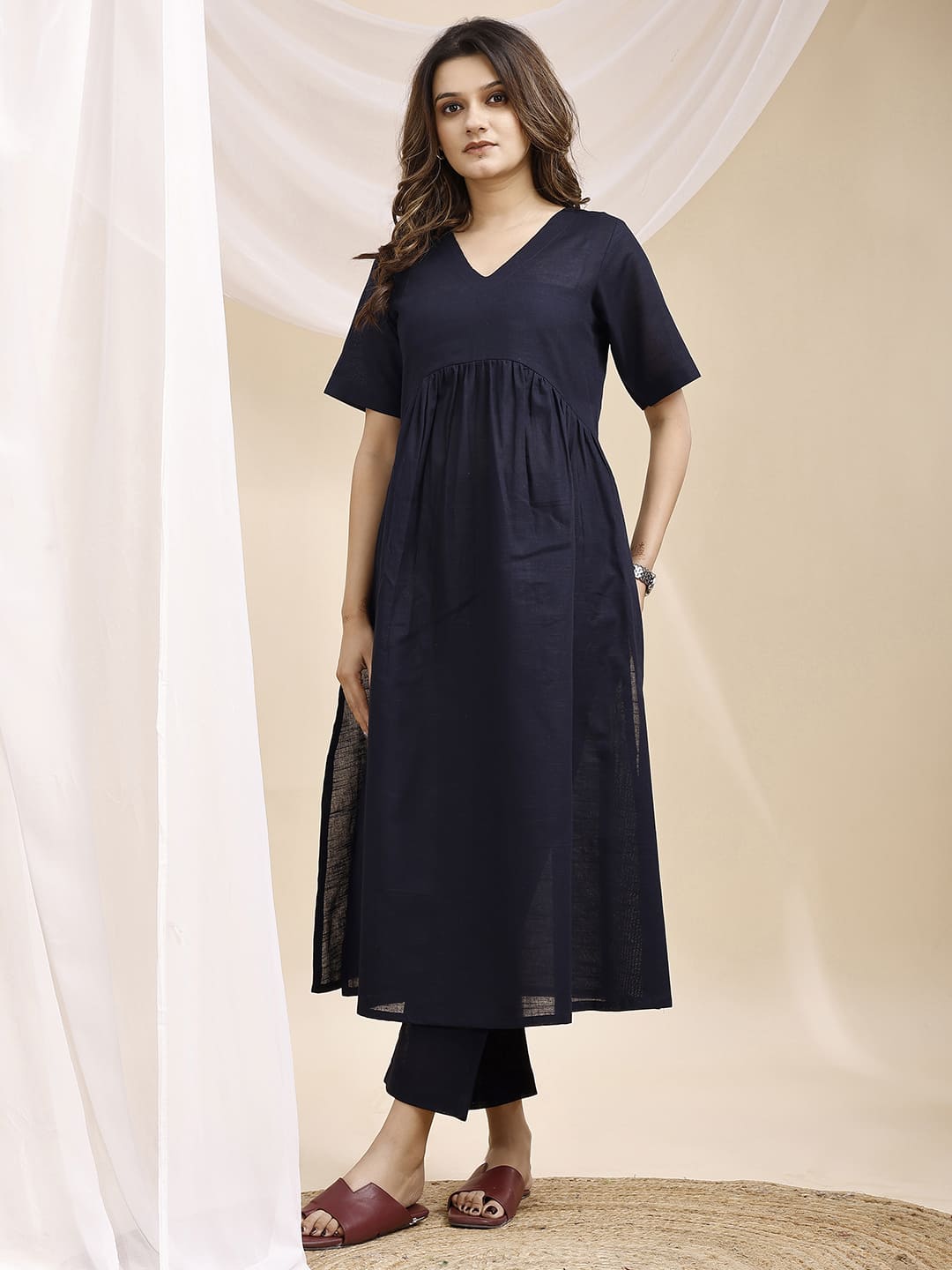 Navy Blue Pleated A Line Linen Kurta Set