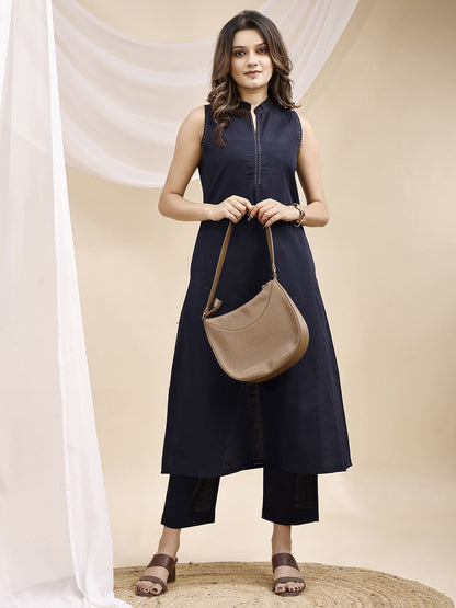 Navy Blue A Line Sleeveless Hand Embroidered Linen Kurta Set