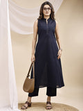 Navy Blue A Line Sleeveless Hand Embroidered Linen Kurta Set