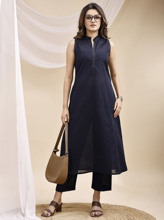 Navy Blue A Line Sleeveless Hand Embroidered Linen Kurta Set