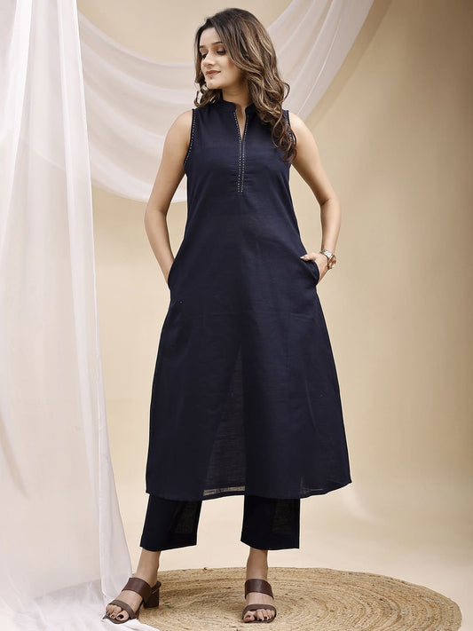 Navy Blue A Line Sleeveless Hand Embroidered Linen Kurta Set