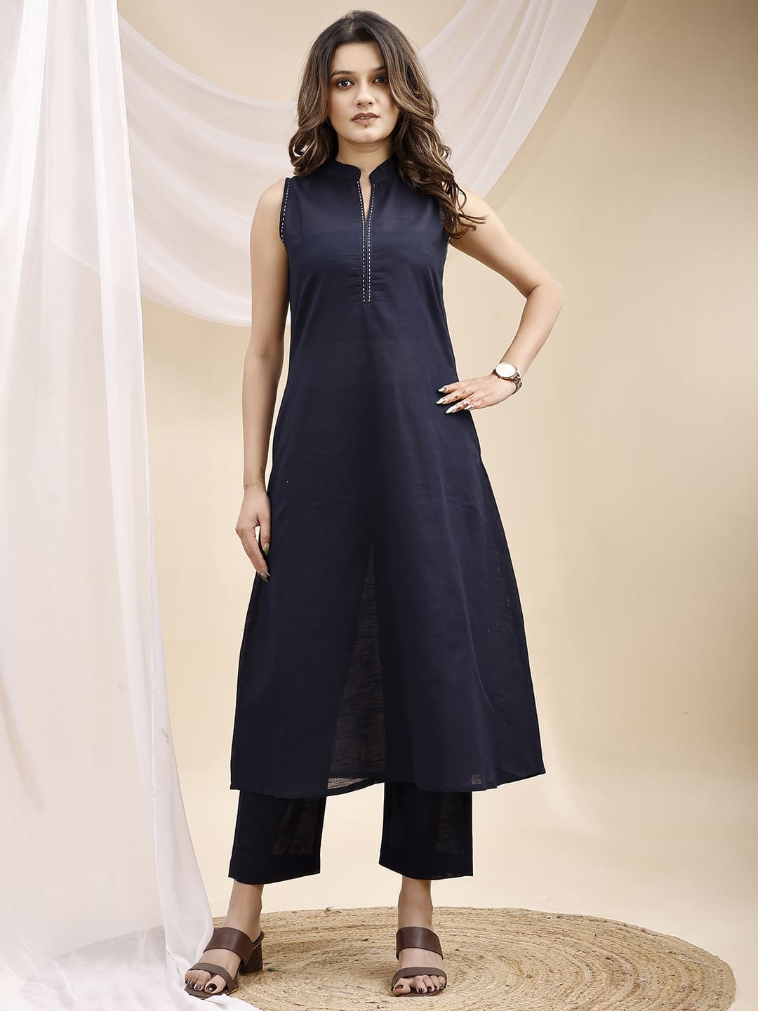Navy Blue A Line Sleeveless Hand Embroidered Linen Kurta Set