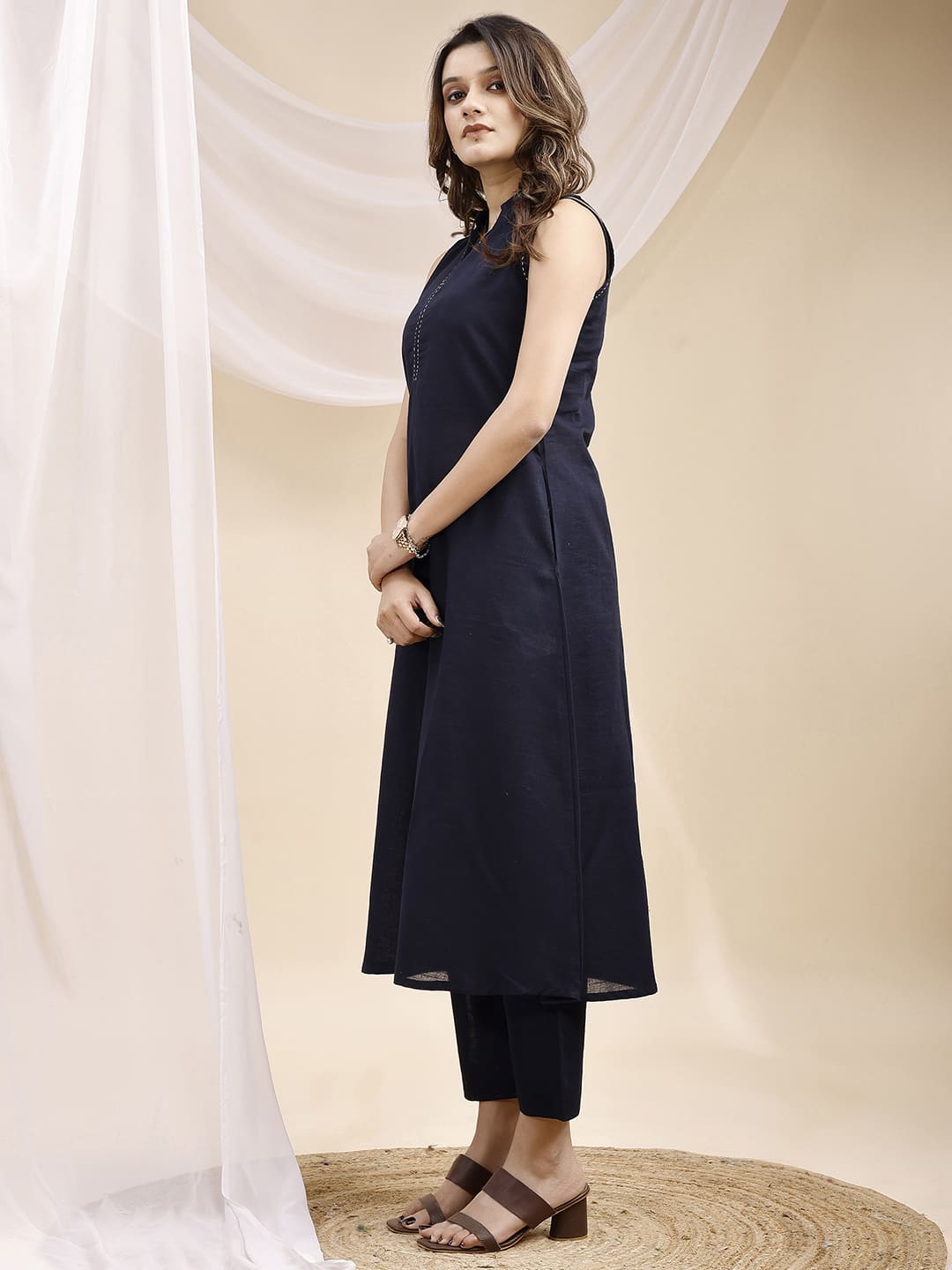 Navy Blue A Line Sleeveless Hand Embroidered Linen Kurta Set