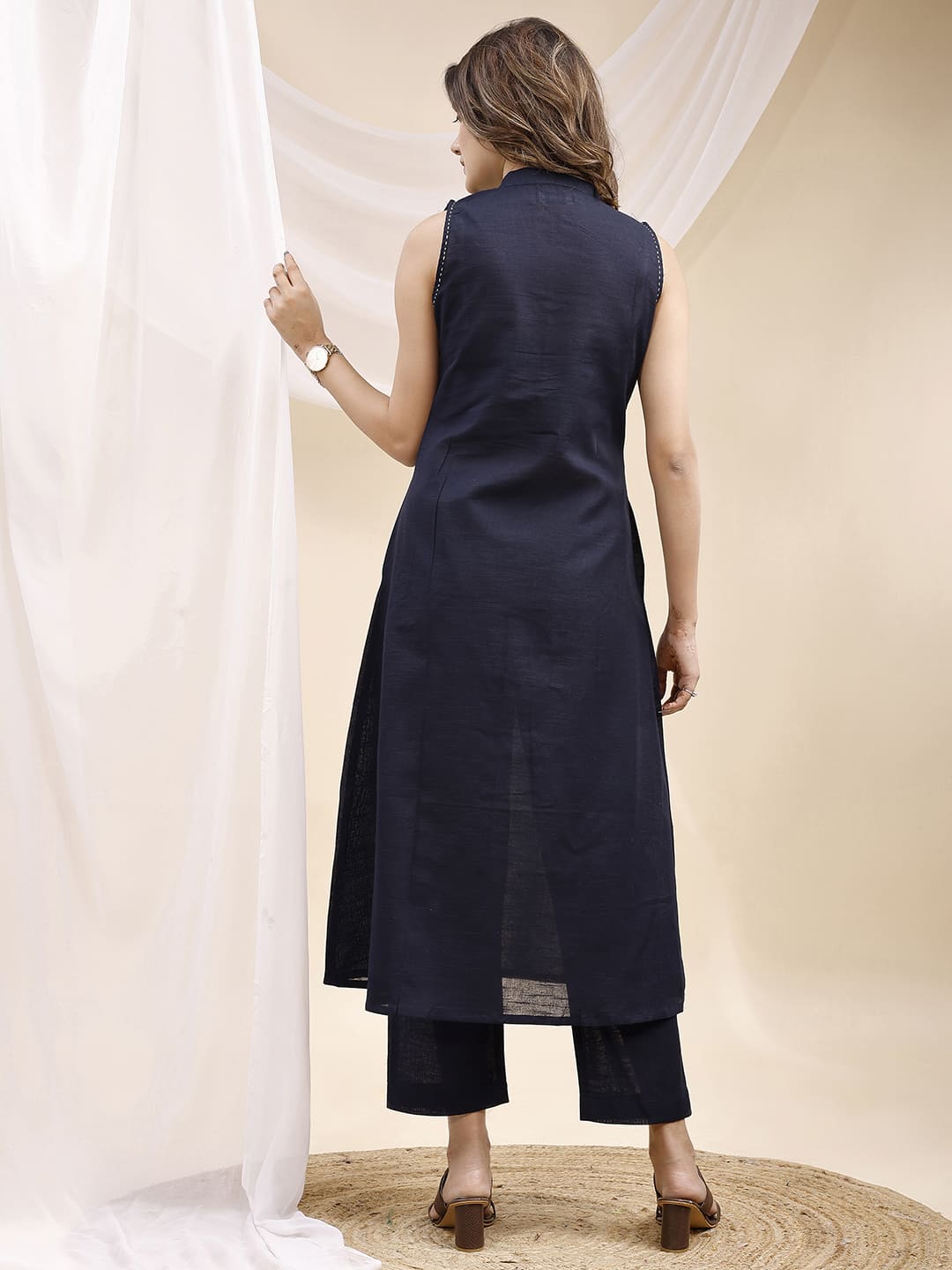 Navy Blue A Line Sleeveless Hand Embroidered Linen Kurta Set