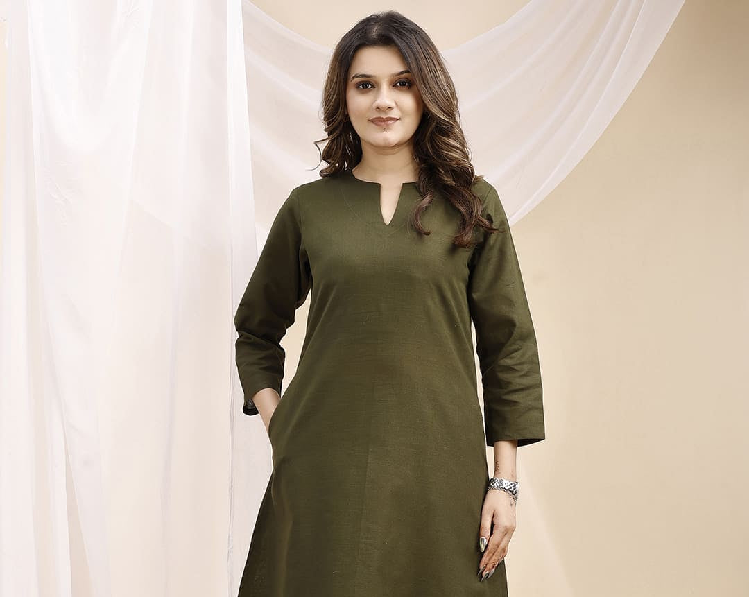 Olive V Neck Linen Kurta Set