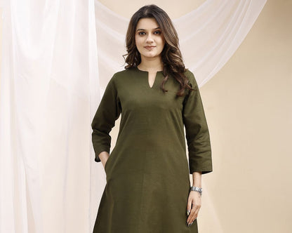 Olive V Neck Linen Kurta with Palazzo
