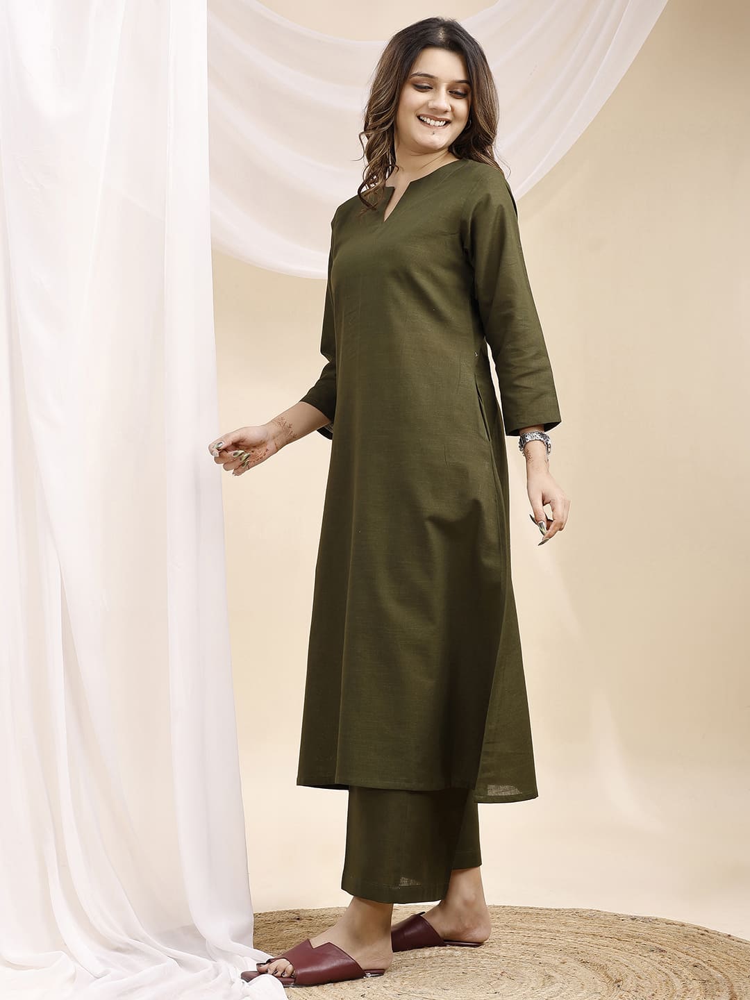 Olive V Neck Linen Kurta with Palazzo
