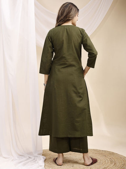 Olive V Neck Linen Kurta with Palazzo