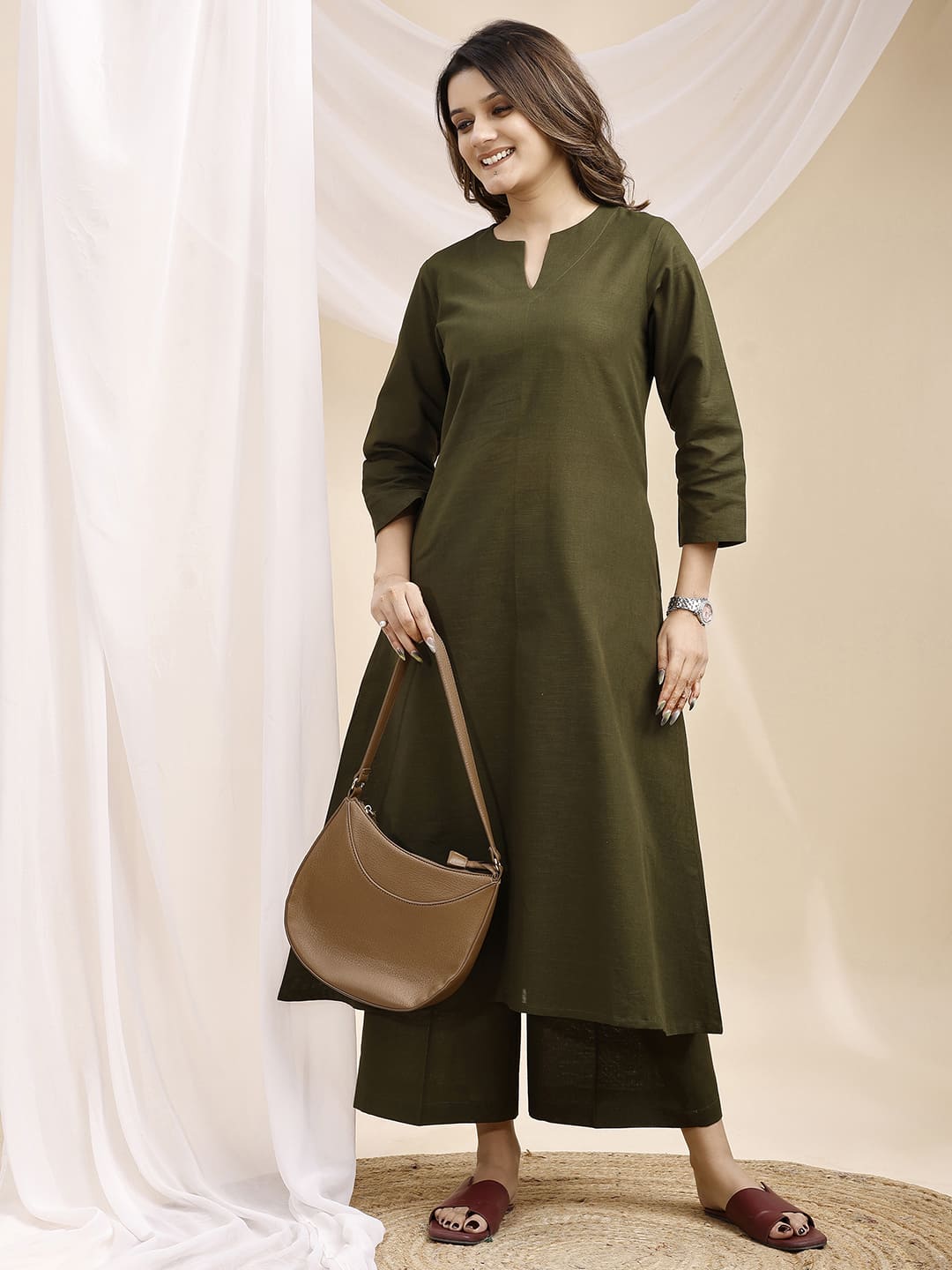 Olive V Neck Linen Kurta with Palazzo