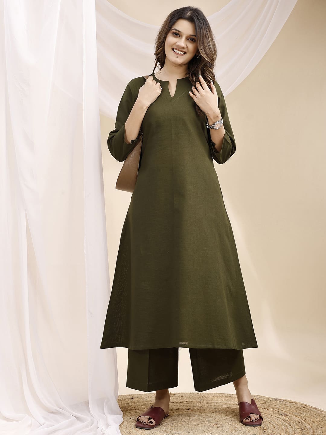 Olive V Neck Linen Kurta Set