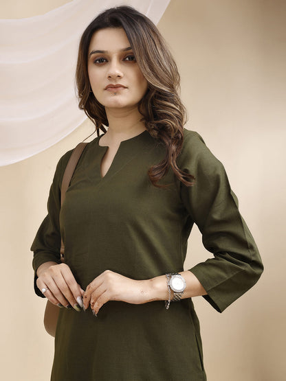 Olive V Neck Linen Kurta with Palazzo