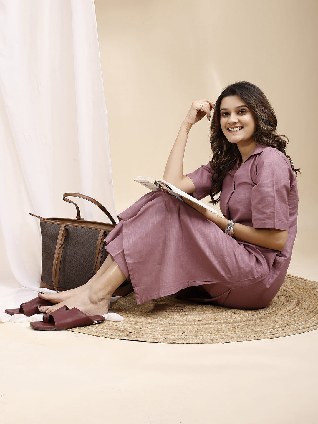 Lilac Collared A line Linen Kurta Set