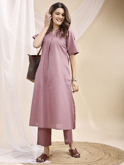 Lilac Collared A line Linen Kurta Set