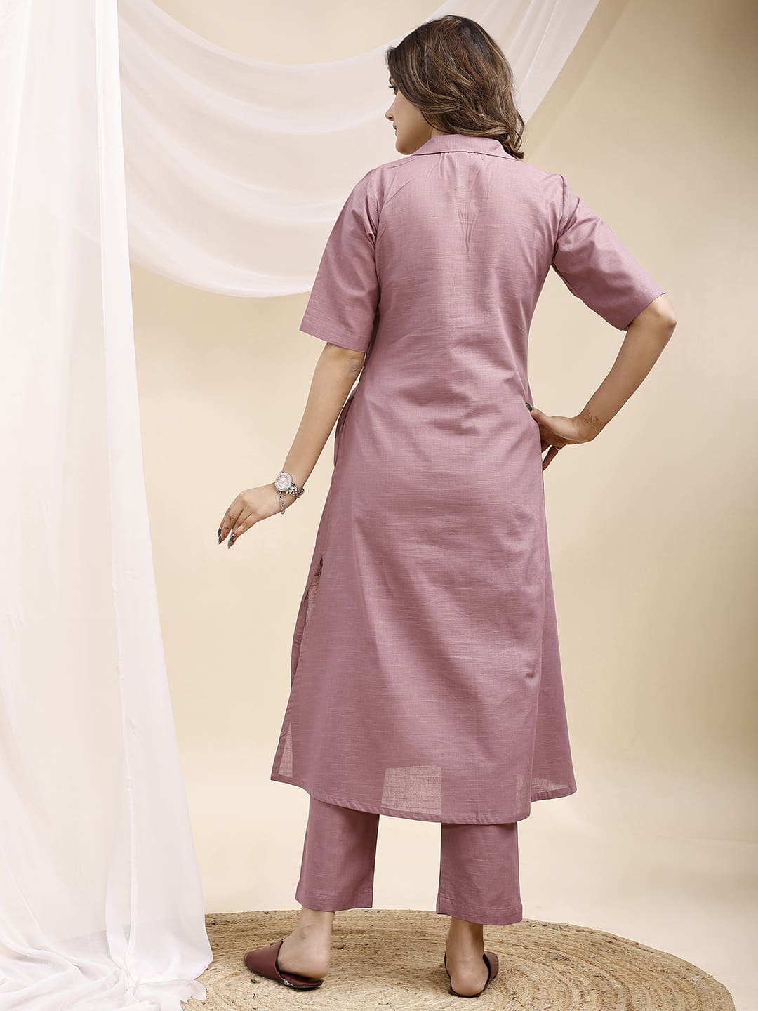 Lilac Collared A line Linen Kurta Set
